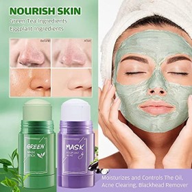 2 Pièce Green Masque Stick,Masque Nettoyant,Eggplant mask Nettoie en Profondeur les Pores,Masque Solide au Thé Vert pour lAc
