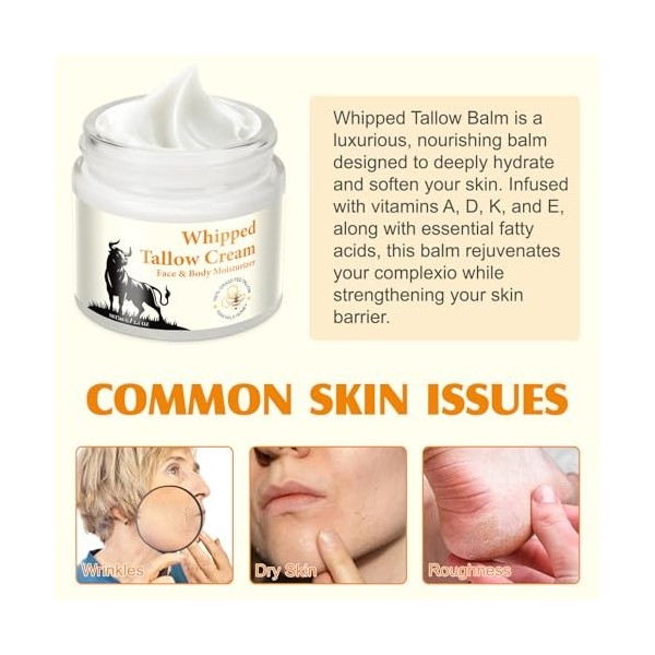Soins de la peau au suif de bœuf – Beef Tallow for Skin,Tallow and Honey Balm,2 oz Whipped Tallow Cream, Deep Hydration Organ