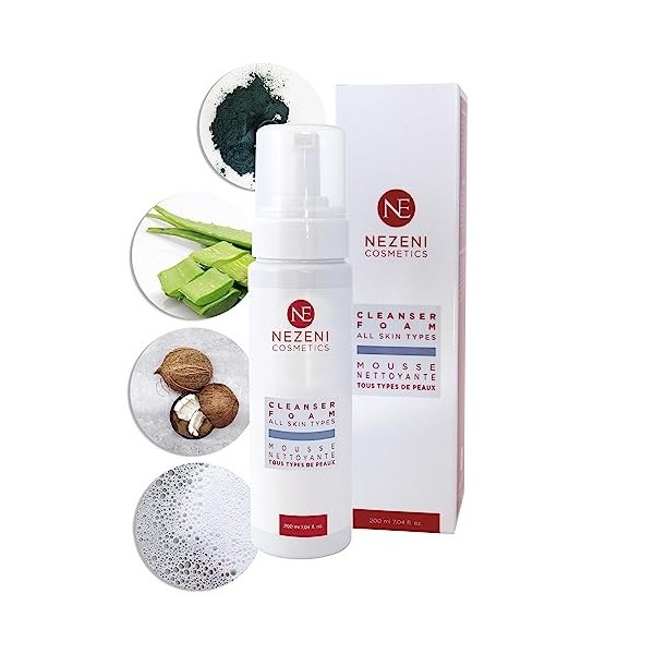 Nezeni Mousse nettoyante démaquillante pour tous types de peau et peaux sensibles 200 ml | 14 ingrédients actifs | Végétalien