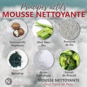 Nezeni Mousse nettoyante démaquillante pour tous types de peau et peaux sensibles 200 ml | 14 ingrédients actifs | Végétalien