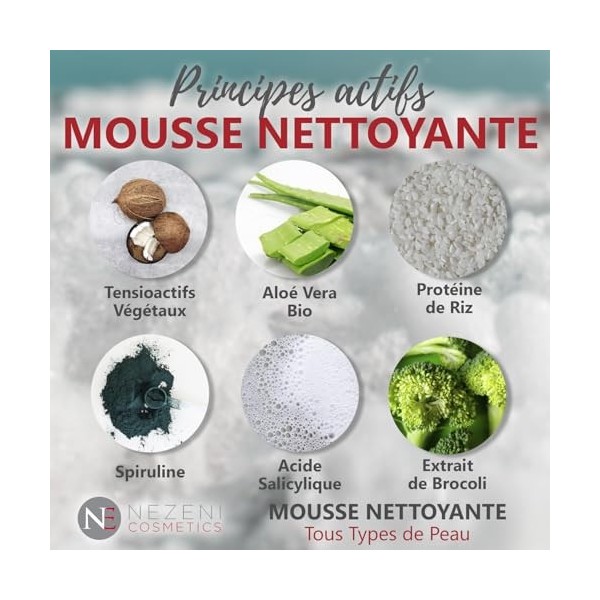 Nezeni Mousse nettoyante démaquillante pour tous types de peau et peaux sensibles 200 ml | 14 ingrédients actifs | Végétalien