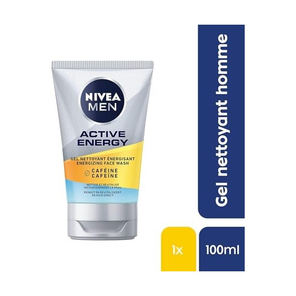 NIVEA MEN Active Energy Gel nettoyant énergisant 1 x 100 ml , soin visage homme à laction revitalisante, gel purifiant visa