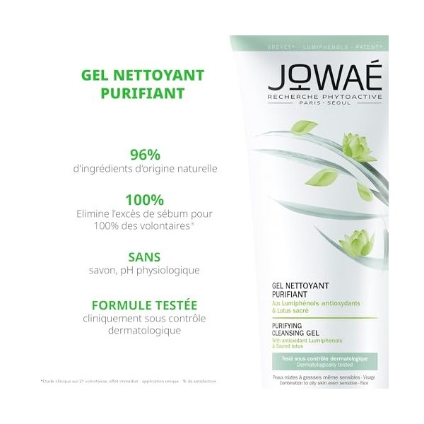 Jowae - Gel Nettoyant Purifiant au Lotus Sacré 200ml - Nettoyant visage - Peaux mixtes à grasses - Peaux sensibles - 96% din