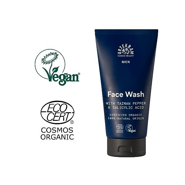 Urtekram - Mens Nettoyant pour le Visage homme - Avec Poivre de Tasmanie et Acide Salicylique - Élimine Efficacement les Imp