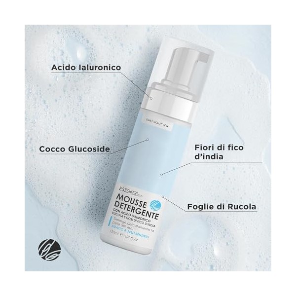 Essenze - Mousse Nettoyante - Démaquillant Visage pour Peau Sensible, Mixte, Grasse et Sèche - Hydratante et Douce Avec Acide