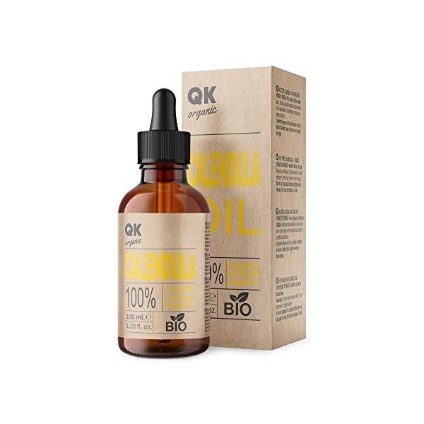 QKnatur - Huile de Calendula Vegan 100% Pure Bio - 100 ml - flacon en verre - pour peaux sensibles, sèches et craquelées. Apa