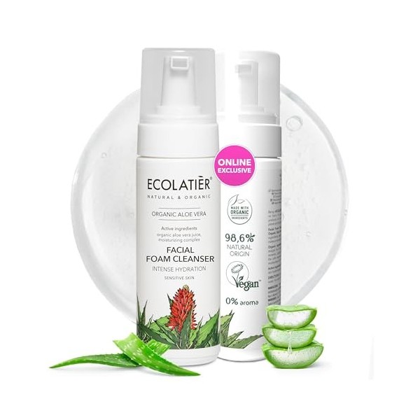 ECOLATIER Nettoyant doux pour le visage à laloe vera pour une hydratation intense 150 ml – Certifié végétalien – 98,6 % dor