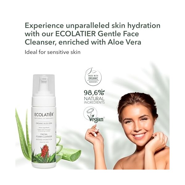 ECOLATIER Nettoyant doux pour le visage à laloe vera pour une hydratation intense 150 ml – Certifié végétalien – 98,6 % dor
