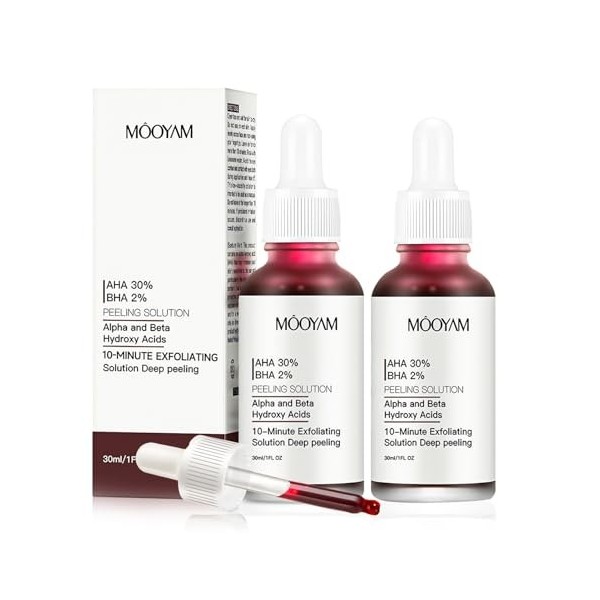 Peeling Visage Puissant, 2 Pièces Exfoliating Solution 30% AHA + 2% BHA, Purifier la Peau en Profondeur, Hydrater la Peau, Co
