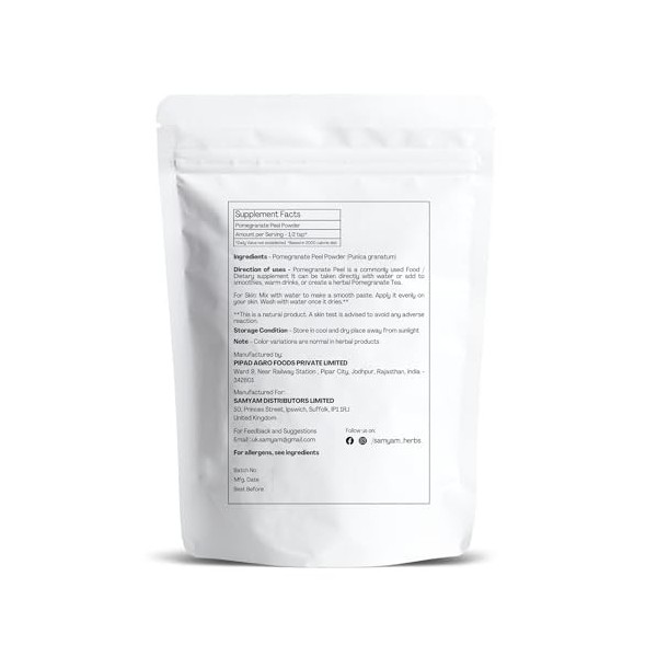 SAMYAM Poudre décorce de grenade – Paquet de 1 kg | Exfoliant éclaircissant la peau, riche en antioxydants