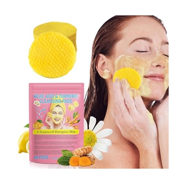 Turmeric Kojic Acid Cleansing Pads, 40Pcs Curcuma Exfoliant Mousse Pad, Diluer Les Taches Noires, Éclatant Peau Rejuvenates, 