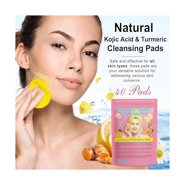 Turmeric Kojic Acid Cleansing Pads, 40Pcs Curcuma Exfoliant Mousse Pad, Diluer Les Taches Noires, Éclatant Peau Rejuvenates, 