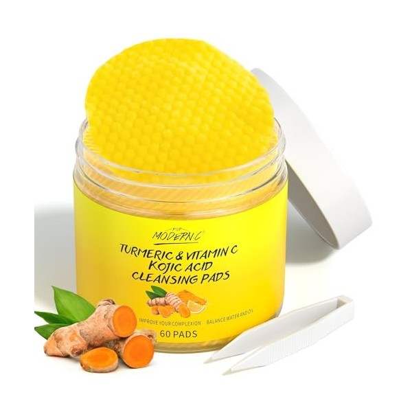 Tampons Nettoyants au Curcuma et à Lacide Kojique pour le Visage 60 Pièces, Tampons Exfoliants au Curcuma pour le Visage pou