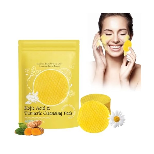 40 Pièces Turmeric Cleansing Pads,Curcuma Exfoliants Pad,Curcuma Kojic Acid Cleansing Pad,Curcuma Éponge Nettoyante Pour Visa