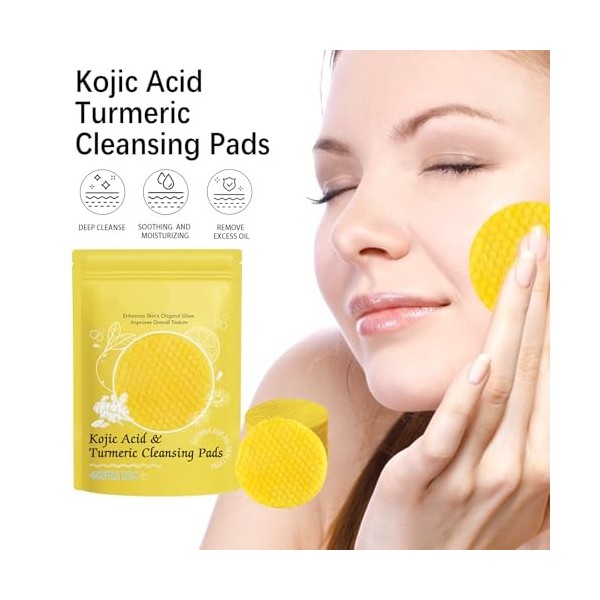 40 Pièces Turmeric Cleansing Pads,Curcuma Exfoliants Pad,Curcuma Kojic Acid Cleansing Pad,Curcuma Éponge Nettoyante Pour Visa