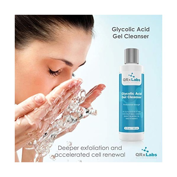 QRxLabs Nettoyant à lacide glycolique – Nettoyant exfoliant pour le visage, idéal pour les rides, les lignes, lacné, les bo