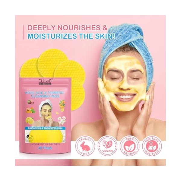 Pads Nettoyants à lAcide Kojique et au Curcuma - Illumine et Revitalise la Peau | Nettoie en Profondeur, Élimine lExcès de 