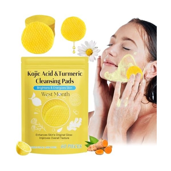 Vibbang Curcuma Kojic Acid Cleansing Pad, 60 Pièces Turmeric Kojic Acid Cleansing Pads, Élimine l’excès d’épiderme, unifie le