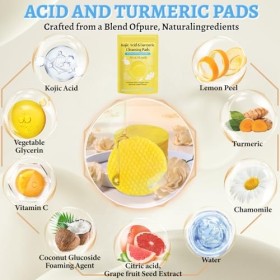 Vibbang Curcuma Kojic Acid Cleansing Pad, 60 Pièces Turmeric Kojic Acid Cleansing Pads, Élimine l’excès d’épiderme, unifie le