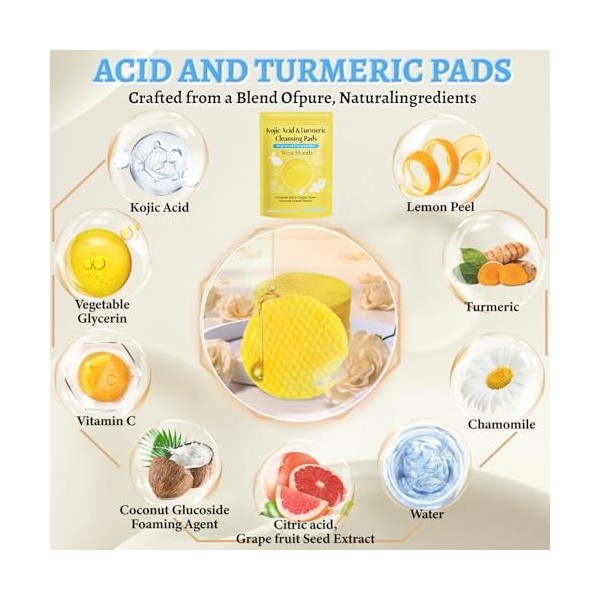 Vibbang Curcuma Kojic Acid Cleansing Pad, 60 Pièces Turmeric Kojic Acid Cleansing Pads, Élimine l’excès d’épiderme, unifie le
