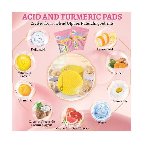 Turmeric Kojic Acid Exfoliating Cleansing Pads, Curcuma à Lacide Kojique Dissolvant de Taches Foncées Pour le Visage et le C