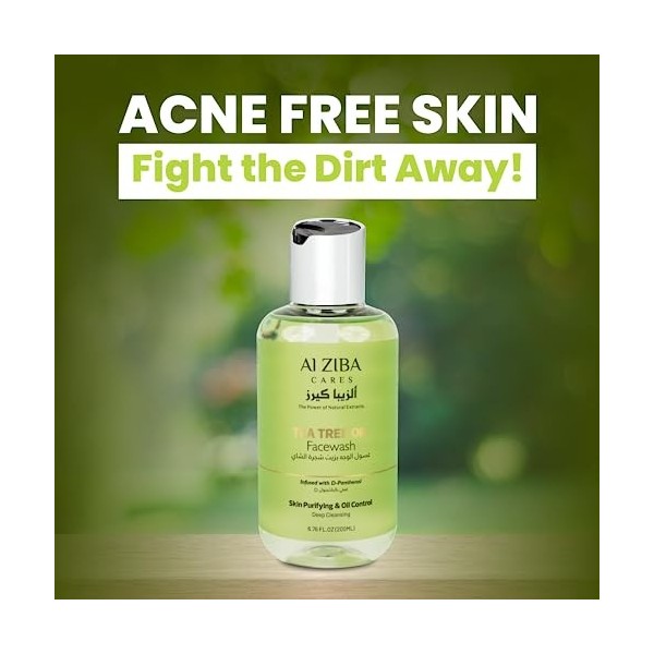 ALZIBA CARES Nettoyant visage à lhuile darbre à thé avec glycérine, provitamine B5, arbre à thé et huile de ricin | Élimine