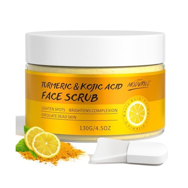 Gommage Visage à lAcide Kojique et au Curcuma, Exfoliant Visage Éclaircissant Avec Vitamine C, Doux Élimine Peaux Mortes, Am