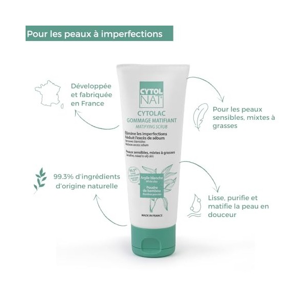 CYTOLNAT - Cytolac Gommage Matifiant Visage - Exfolie, Matifie, Purifie, Élimine les Imperfections - Peaux Sensibles, Mixtes 