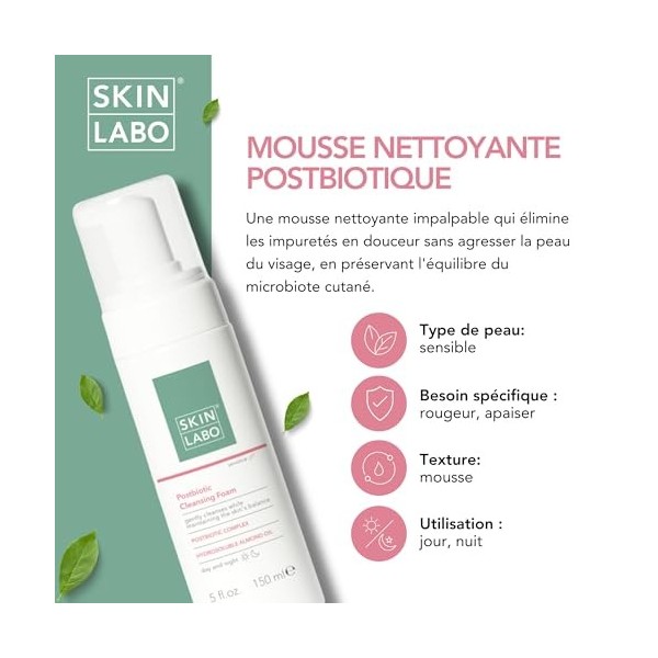 SkinLabo - Mousse nettoyante postbiotique, élimine les impuretés, préserve léquilibre du microbiote cutané, au complexe post
