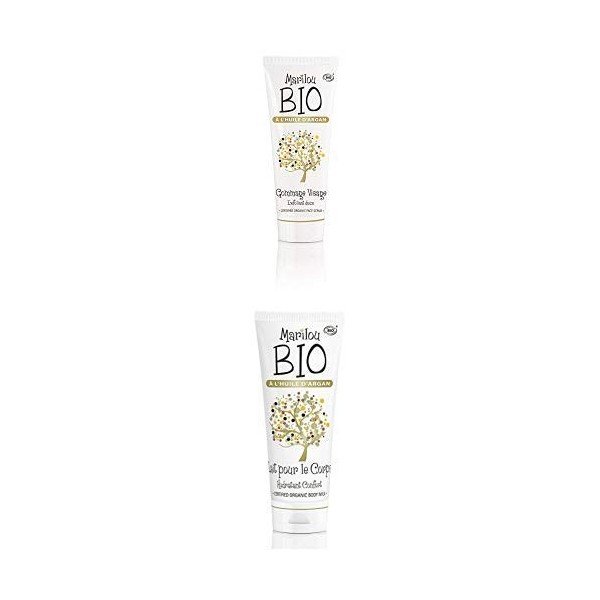 Duo Produit de beauté MARILOU BIO - Gamme Argan - Gommage pour le visage à lhuile dArgan - Lait pour le corps