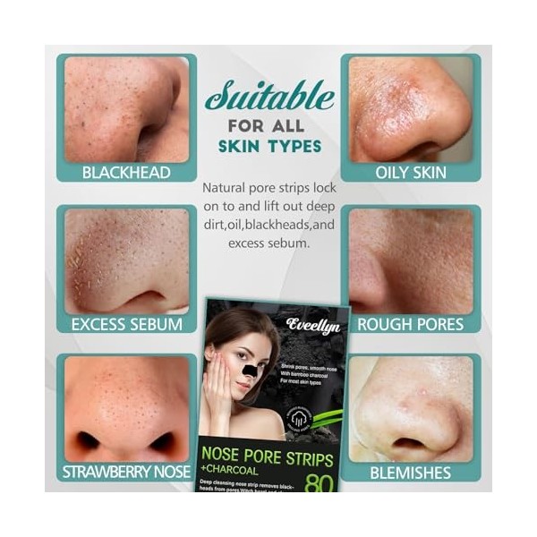 Lot de 80 bandes tire-comédons au charbon de bambou naturel pour enlever les points noirs et libérer les pores obstrués