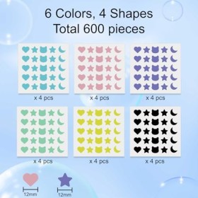 Lot de 600 patchs hydrocolloïdes pour boutons dacné, 6 couleurs, à pois et étoiles