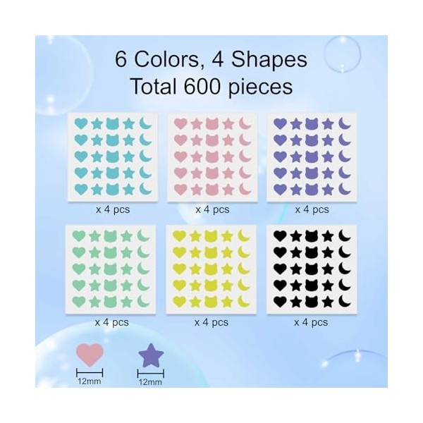 Lot de 600 patchs hydrocolloïdes pour boutons dacné, 6 couleurs, à pois et étoiles