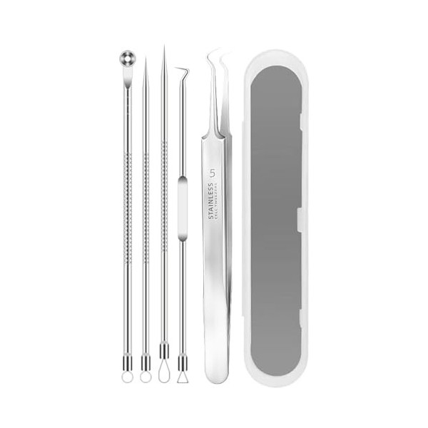 Lot de 5 outils de retrait de comédons en acier inoxydable pour enlever les points noirs, lacné, les comédons, les boutons e