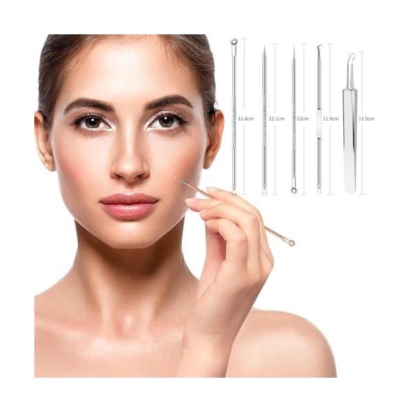 Lot de 5 outils de retrait de comédons en acier inoxydable pour enlever les points noirs, lacné, les comédons, les boutons e