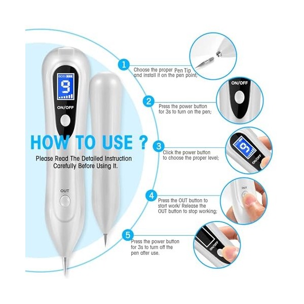 Dissolvant Traitement Verrues Plasma 9 Niveaux, Électrique Removal Pen pour Taches de Rousseur, Taches Foncées, Tatouages, Ve