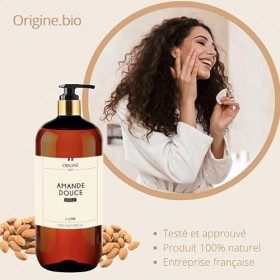 Origine - Huile dAmande Douce 1 Litre - Marque Française - Excellente Qualité Pressée à Froid - Flacon Pompe - 100% Naturell