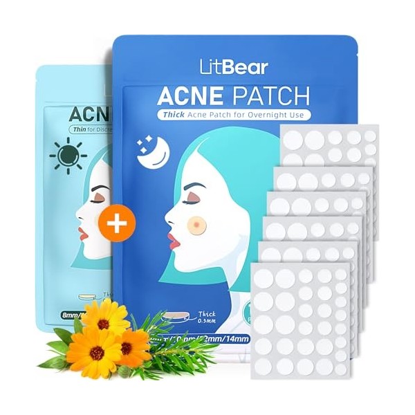 LitBear Lot de 180 patchs hydrocolloïdes fins et épais avec hamamélis, huile darbre à thé et huile de calendula, pour le vis