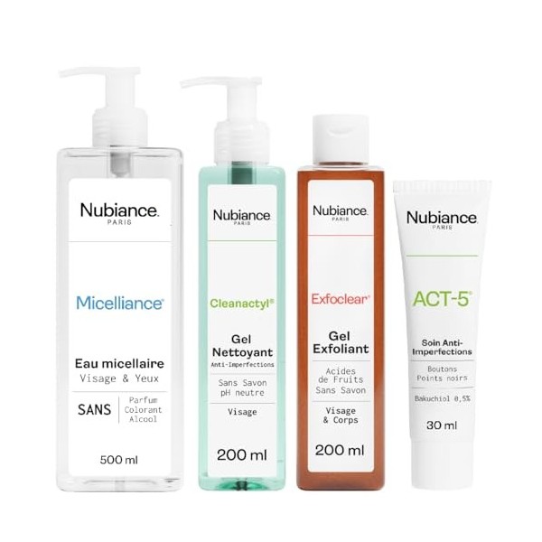 NUBIANCE - Traitement de lacné, points blancs, points noirs - Peaux mixtes - Favorise lécoulement du sébum - Eau micellaire