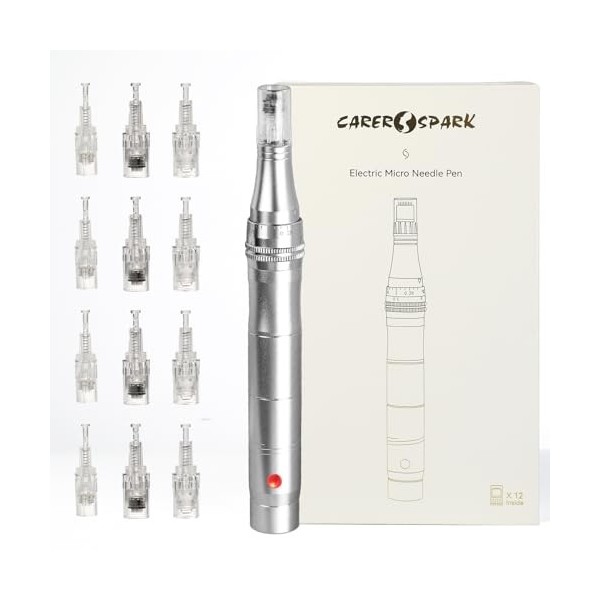 CARER SPARK Dermapen Électrique Automatique, Microneedling Pen avec 12 Aiguilles et 5 Vitesses 0.25mm-2.0mm pour Réduction de