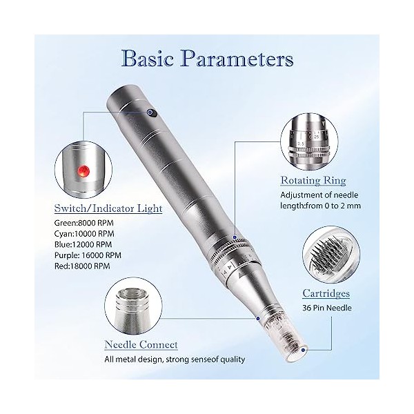 CARER SPARK Dermapen Électrique Automatique, Microneedling Pen avec 12 Aiguilles et 5 Vitesses 0.25mm-2.0mm pour Réduction de