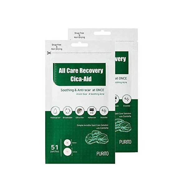 PURITO All Care Recovery Cica-Aid Lot de 2 patchs anti-taches dacné, anti-points hydrocolloïdes, anti-boutons dacné, anti-b