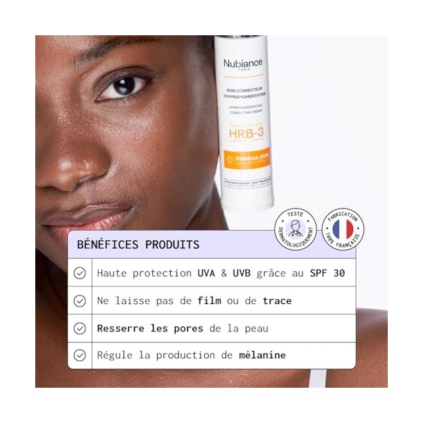 NUBIANCE - Crème Visage Éclaircissante Anti-Taches HRB-3 - SPF 30 - Protection Solaire & Correcteur dHyperpigmentation - Pea