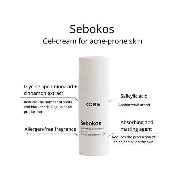 Kosei - Sebokos Gel/Crème pour des Peaux avec Acné - 50 ml - Traitement Acné - Idéal pour des Peaux Grasses - Reduise les Bri