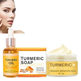 Turmeric Crème Au Curcuma + Huile Au Curcuma + Savon Au Curcuma,Kit De Soin De La Peau Au Curcuma 3 En 1,Trio De Soins Au Cur