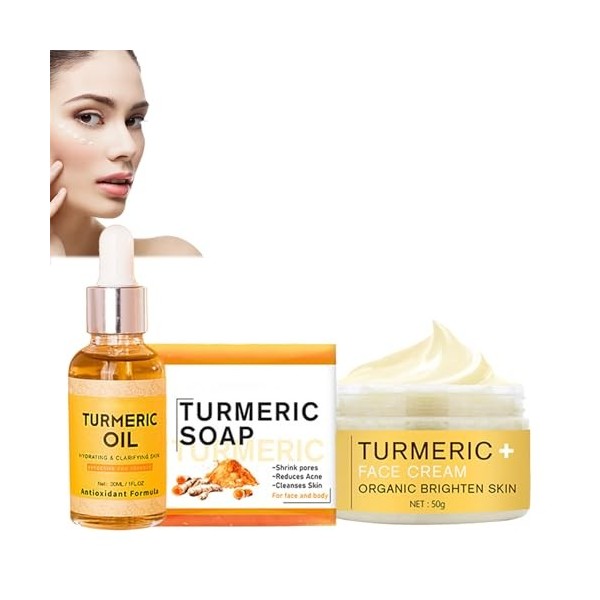 Turmeric Crème Au Curcuma + Huile Au Curcuma + Savon Au Curcuma,Kit De Soin De La Peau Au Curcuma 3 En 1,Trio De Soins Au Cur