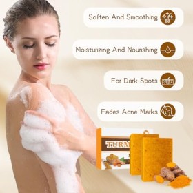 Ledeak Savon Curcuma, 2 Bars Skin Lightening Savon Solide, Exfoliant Savon Curcuma Visage Avec Filet à Bulles, Hydratant Ecla