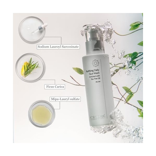 Cinere Nettoyant visage quotidien purifiant pour peaux grasses enrichi en huile darbre à thé, savon et sans alcool, pH équil