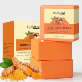 QUIYUM Savon au Curcuma, 3 Pièces Savon au Gingembre, Savon pour Visage au Curcuma Anti Taches, pour Tous les Types de Peau, 