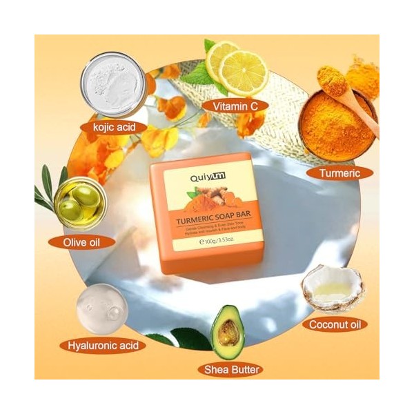 Savon à Lacide Kojique, Kojic Acid Soap, Savon Curcuma, Skin Lightening Soap pour le Visage et Corps éclaircissant Hydratant